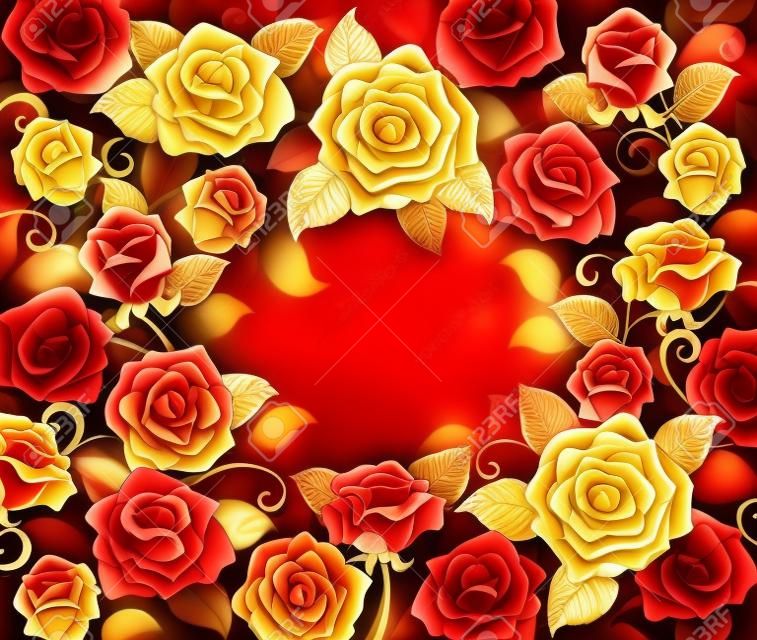 Gold und rote Rosen mit goldenen Blättern auf einem roten Hintergrund.