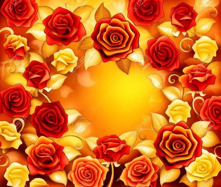 Gold und rote Rosen mit goldenen Blättern auf einem roten Hintergrund.