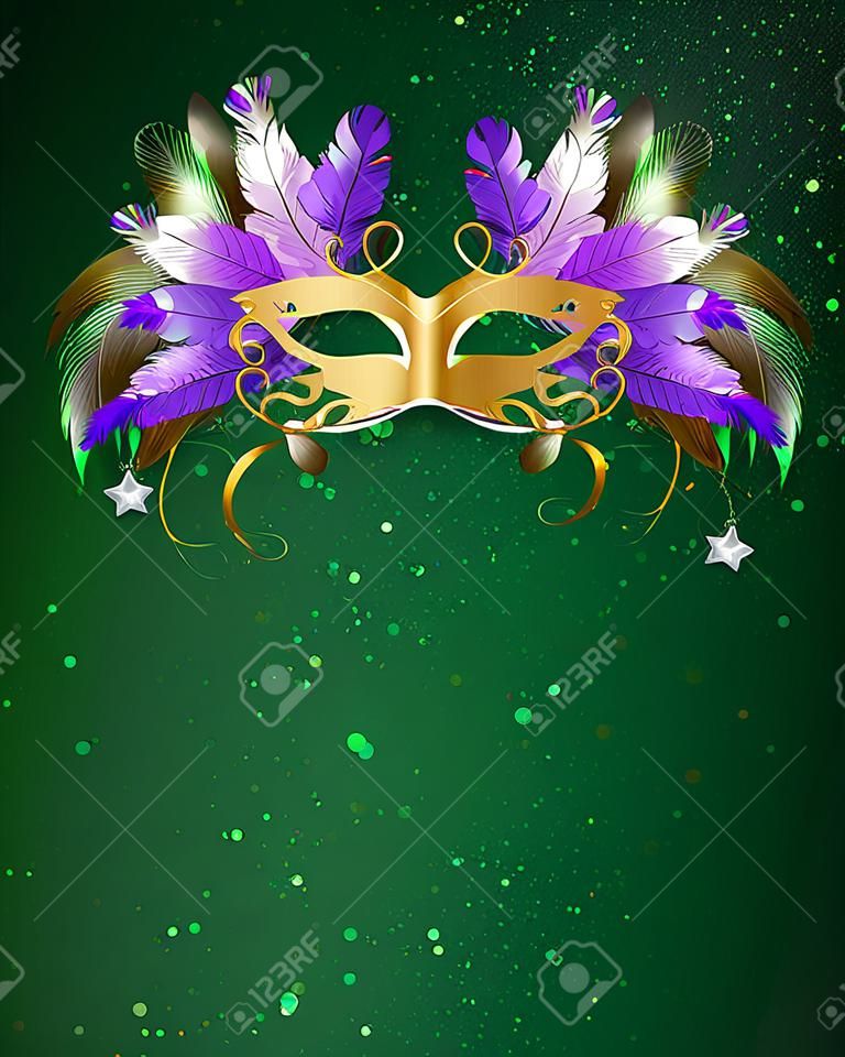 Mardi Gras mask of purple  feathers on a green background.