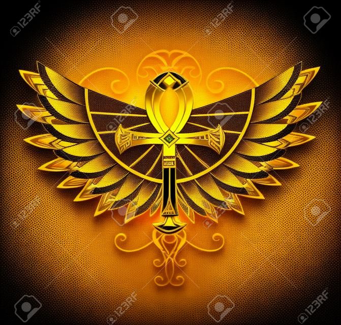 Golden Egyptian ankh with patterned, shiny wings on a black background. Magic symbol.