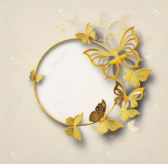 Круглый баннер с золотой раме, украшенной золотые ювелирные изделия бабочки. Дизайн с бабочками. Золотая бабочка.