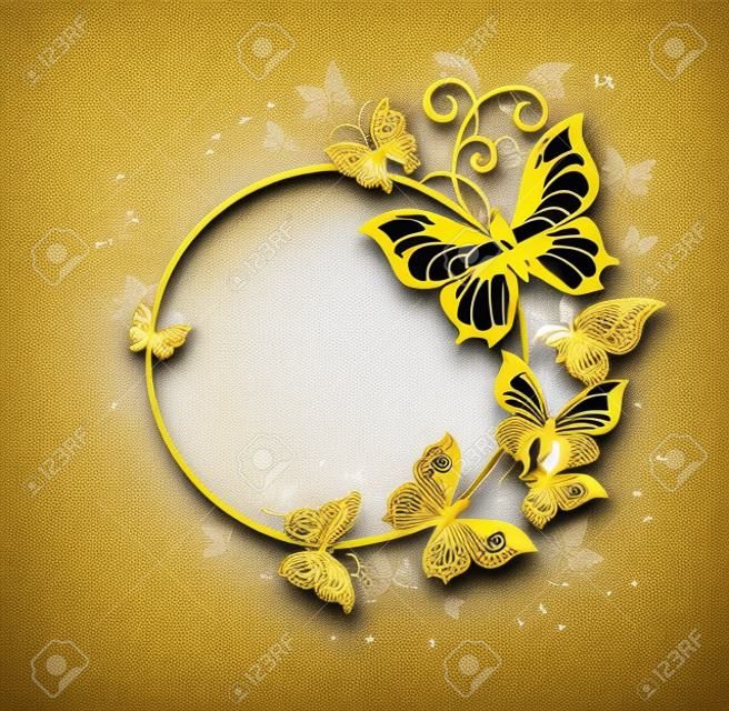 Round banner with a gold frame decorated with gold jewelry butterflies. Design with butterflies. Golden Butterfly.