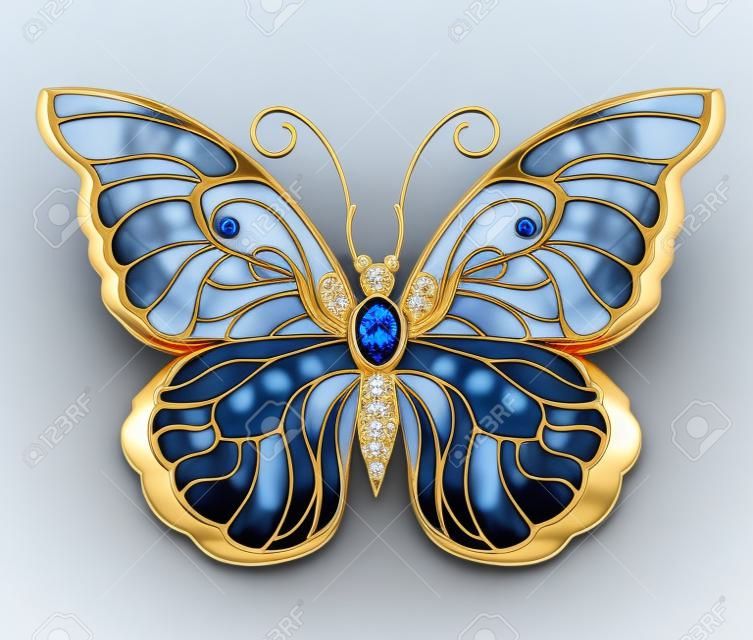Luxo, Jóias, borboleta de ouro com asas de safira azul escuro em um fundo branco.