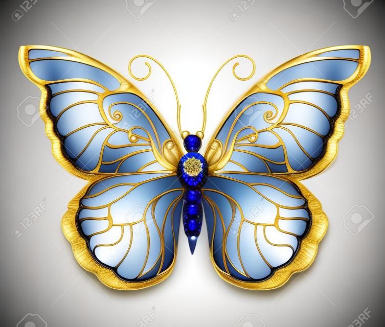 Luxo, Jóias, borboleta de ouro com asas de safira azul escuro em um fundo branco.