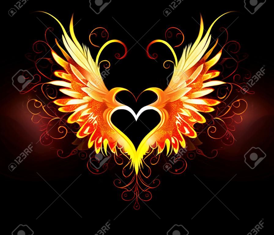Cuore di fuoco angelo con ali fiammeggianti su sfondo nero.