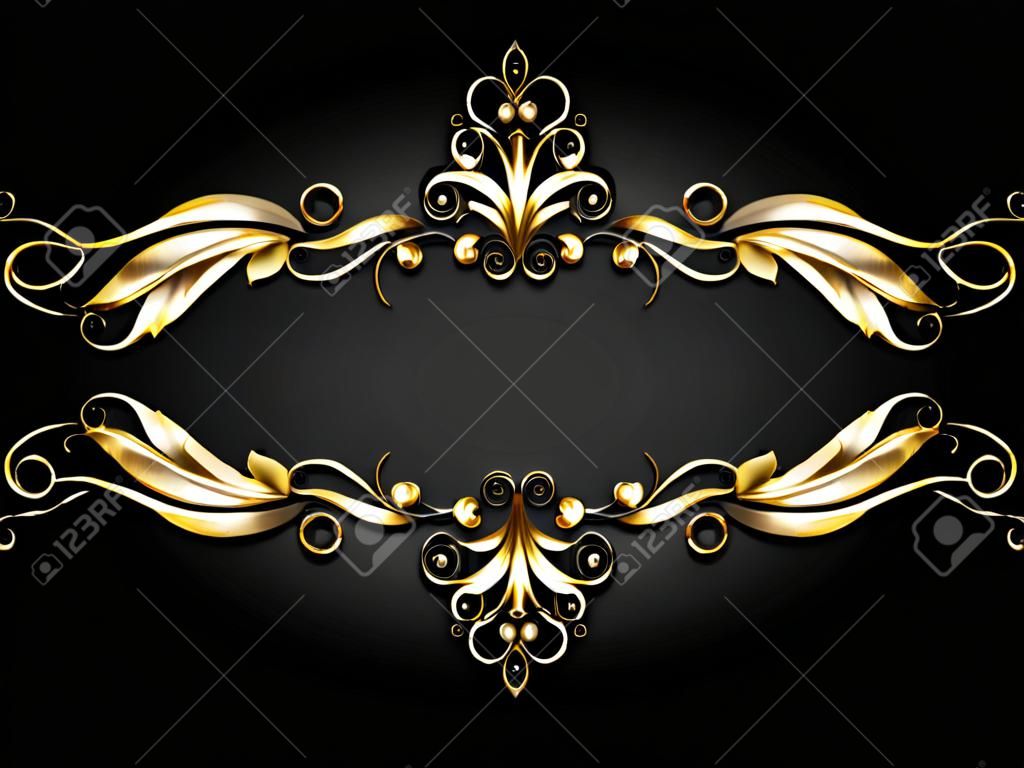 Cadre en or symétrique à motifs défilement sur fond noir.