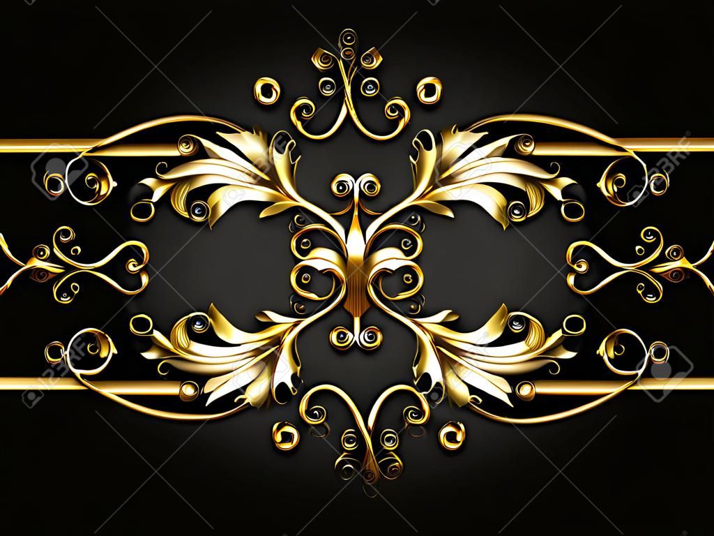 Cadre en or symétrique à motifs défilement sur fond noir.