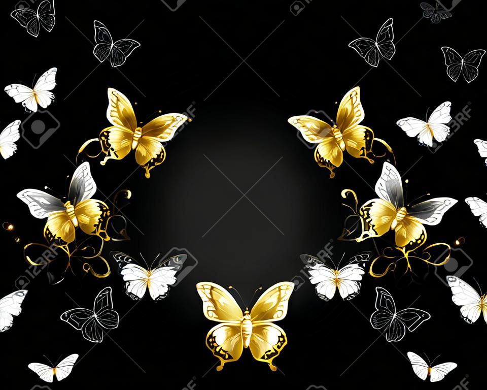 黒い背景に金、宝石、白蝶の対称パターン。ゴールデンバタフライ。