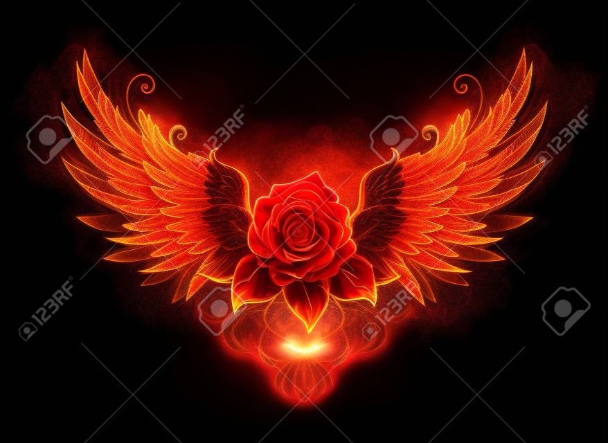 Blossoming fire rose with phoenix wings on black background.
