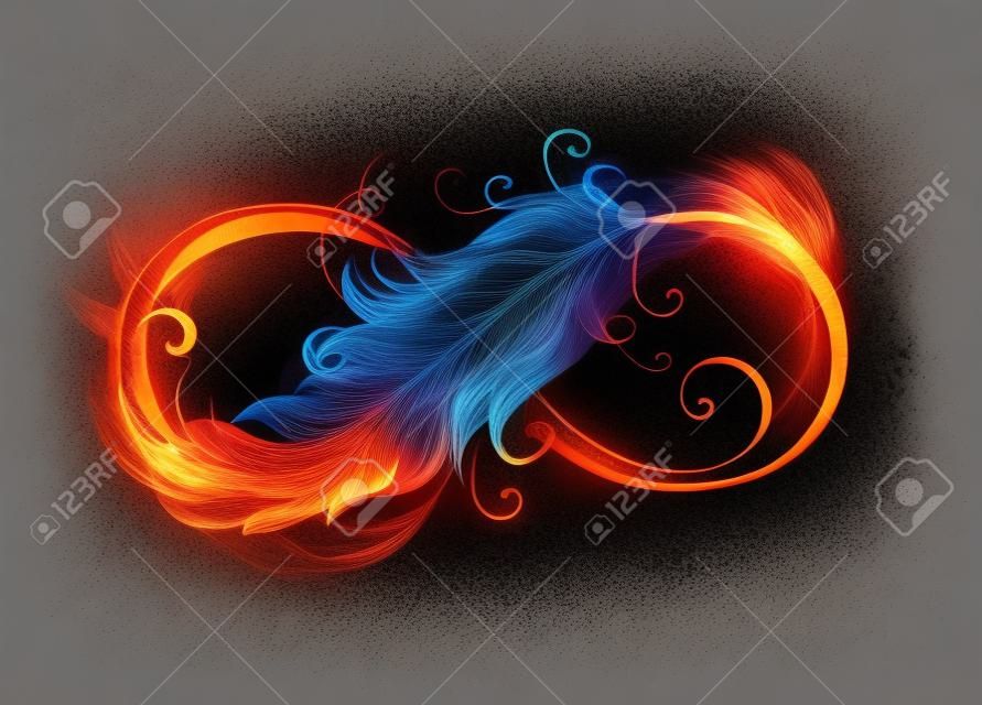 Fiery infinity symbol with light feather of bird from blue bright flame on black background.
