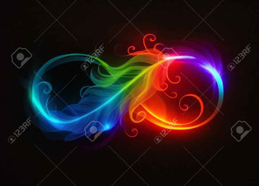 Fiery infinity symbol with light feather of bird from blue bright flame on black background.