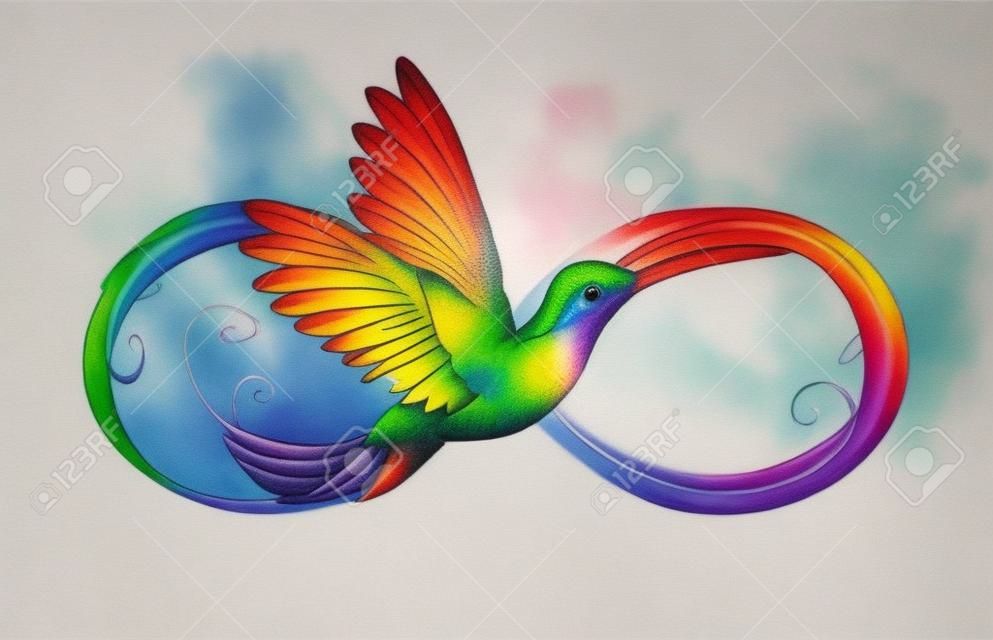 Bellissimo tatuaggio infinito con colibrì arcobaleno. Uccello arcobaleno.