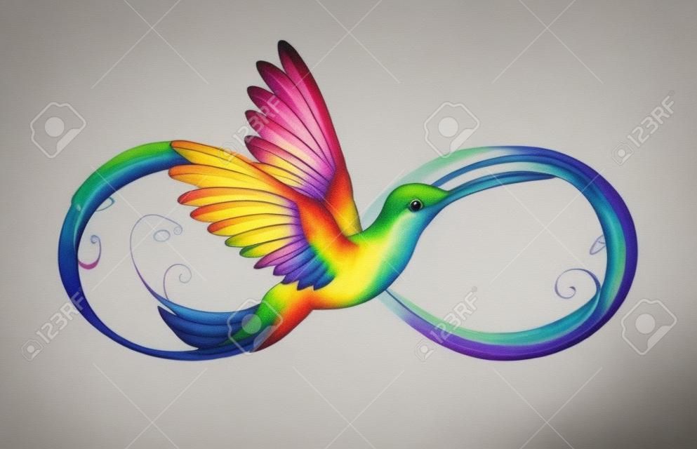 Bellissimo tatuaggio infinito con colibrì arcobaleno. Uccello arcobaleno.