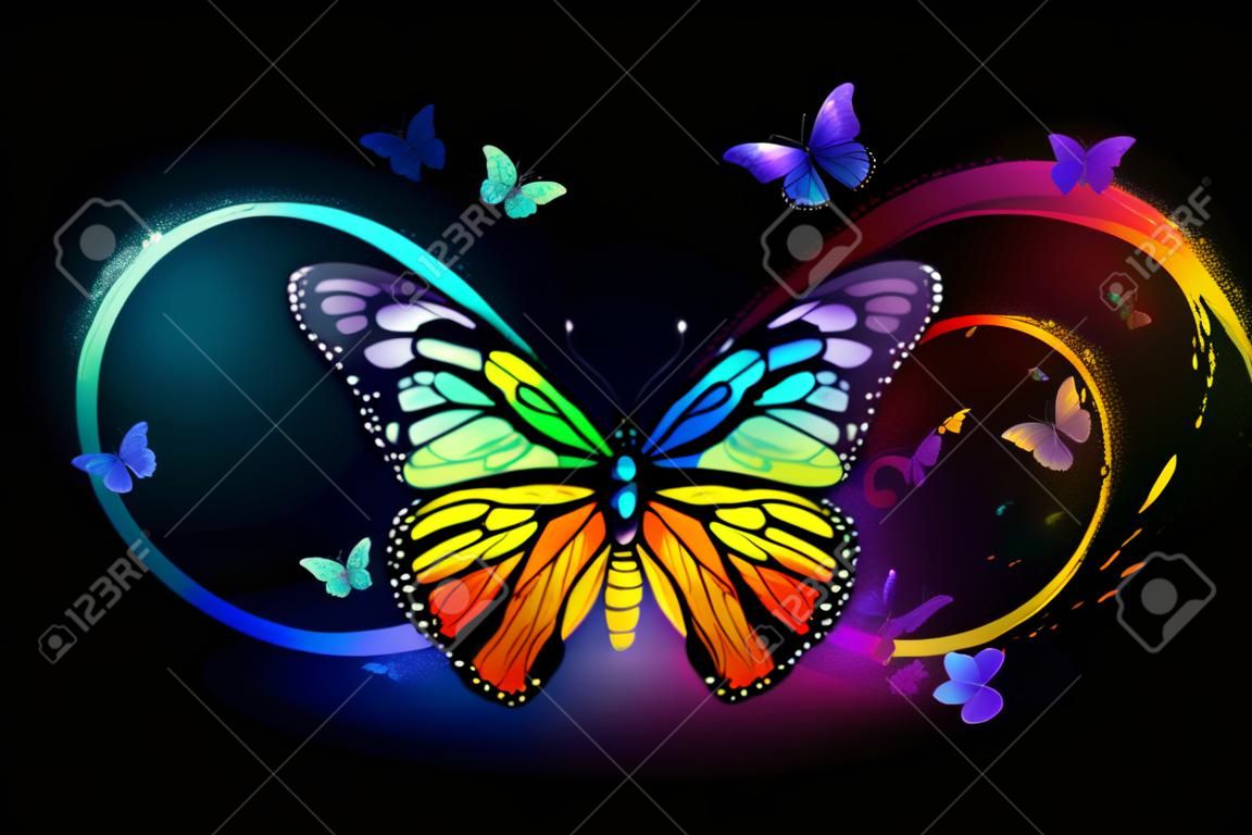 Multicolor, brillante, símbolo del infinito con arco iris, mariposa monarca detallada sobre fondo negro.