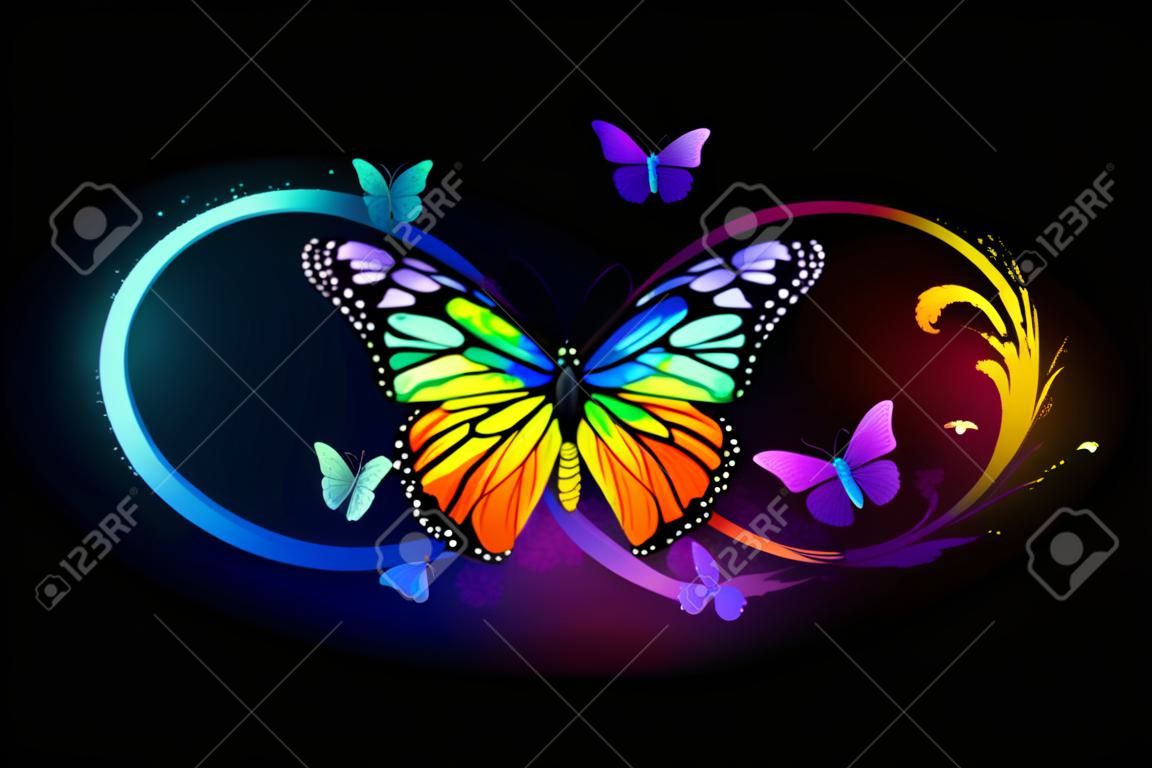 Multicolor, brillante, símbolo del infinito con arco iris, mariposa monarca detallada sobre fondo negro.