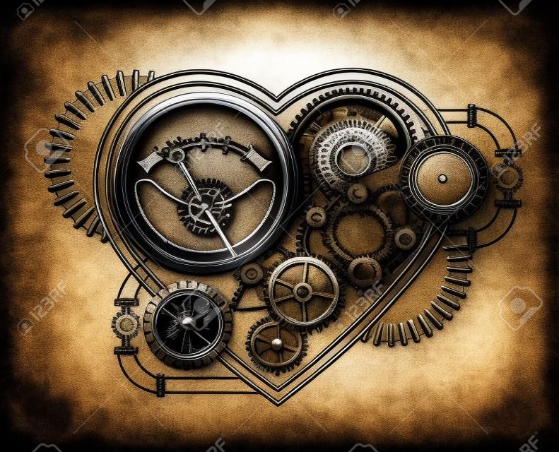 Contorno, coração mecânico com engrenagens, manômetro e molas no fundo branco. Estilo Steampunk.