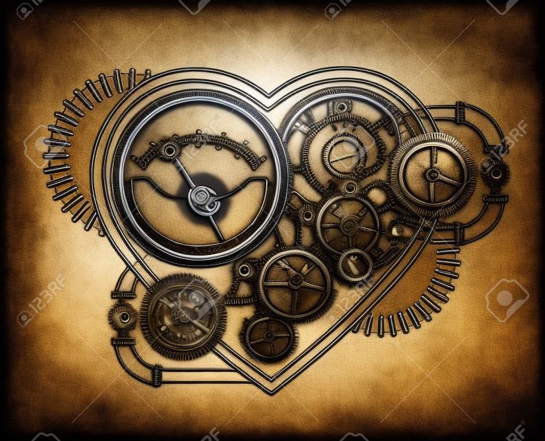 Contour, mechanical heart with gears, pressure gauge and springs on white background. Steampunk style.