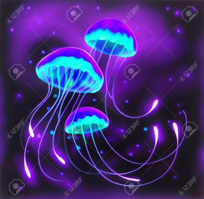 Tres, artísticamente dibujadas, brillantes, medusas brillantes, con largos tentáculos sobre fondo negro con bioluminiscencia púrpura. medusas luminosas.