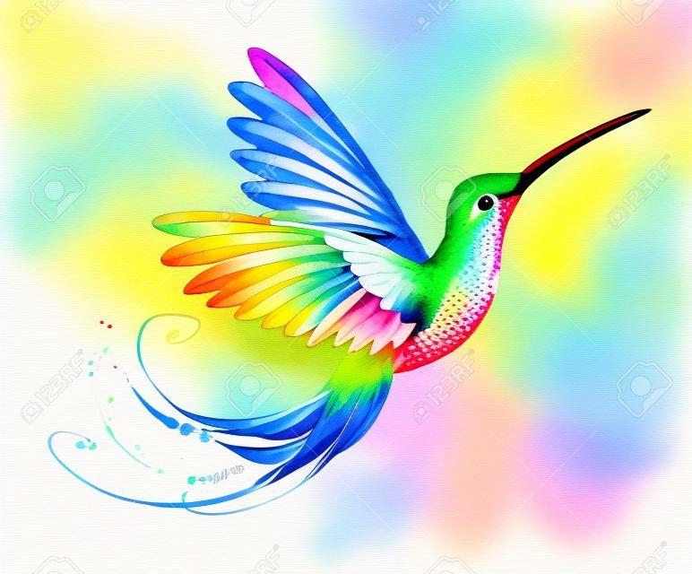 흰색 배경에 밝고 무지개 빛깔의 이국적인 날아다니는 벌새가 여러 가지 색의 수채화 물감으로 칠해져 있습니다. 무지개 벌새.