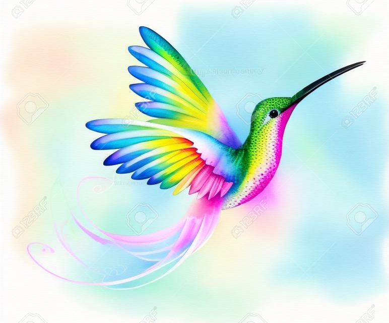 Heldere, iriserende, exotische vliegende kolibrie op witte achtergrond, geschilderd met multicolor, aquarelverf. regenboogkolibrie.