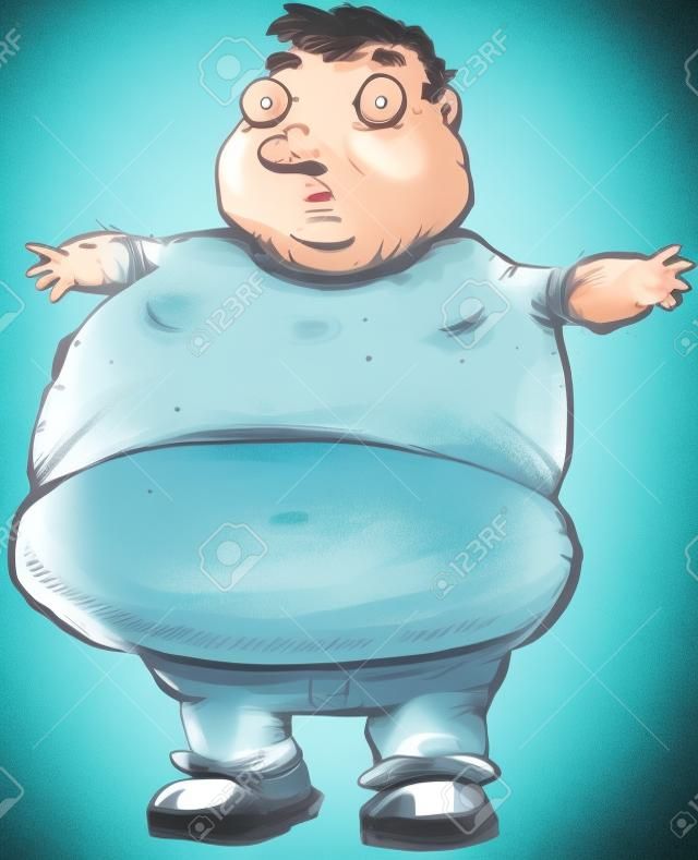 Een zwaarlijvige man die een te strak t-shirt draagt.