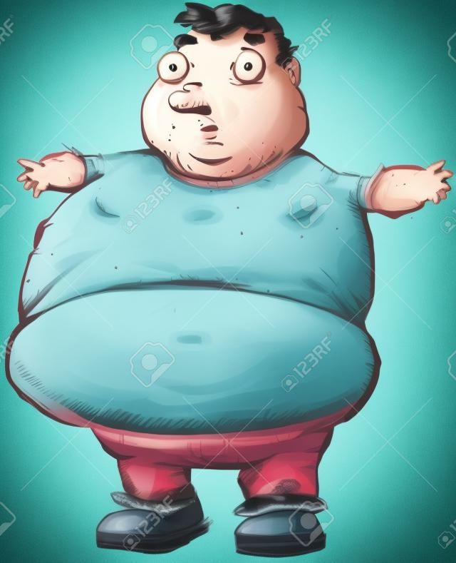 Een zwaarlijvige man die een te strak t-shirt draagt.