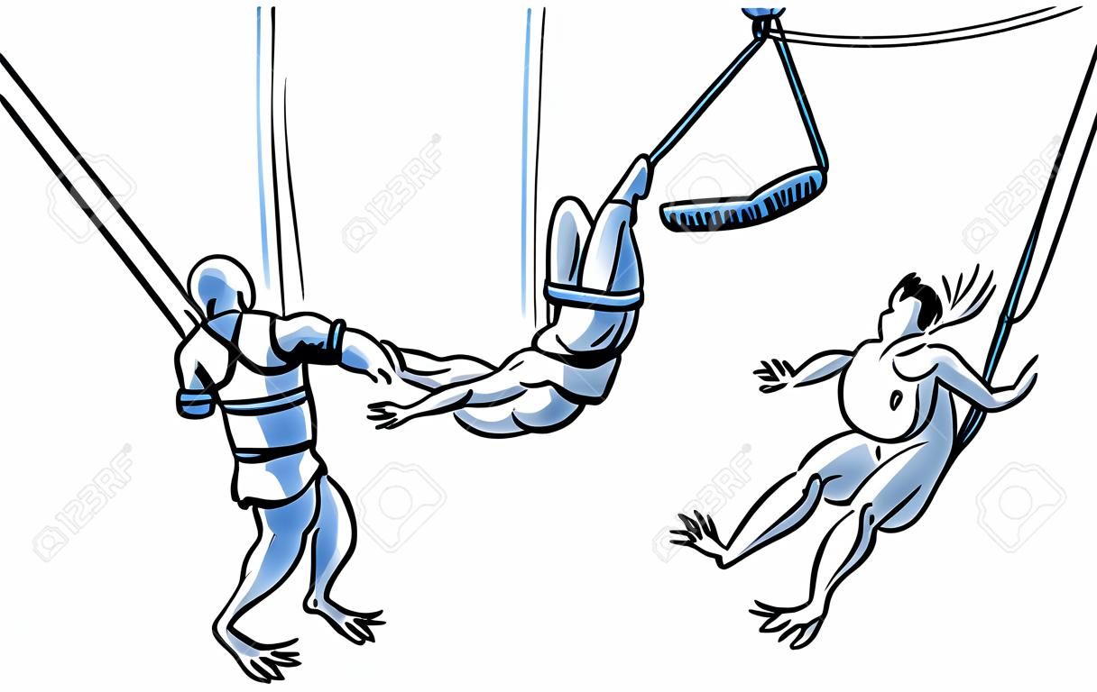 A trapeze artist knocks his partner off the bar with an accidental fart.