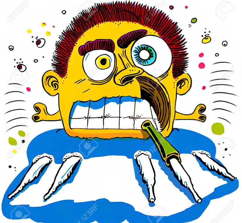 A crazed cartoon cokehead snorting lines of cocaine through a straw 