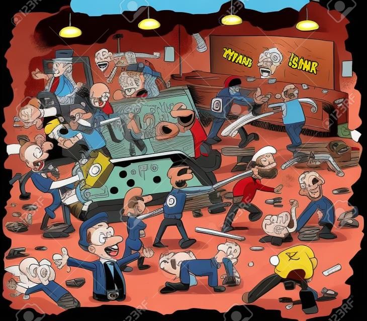 Мультфильм сцены насилия в баре прорывается в огромный насильственной драке