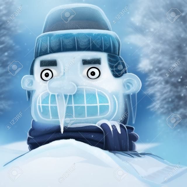Un homme de dessin animé très froid, gelé dans la neige.