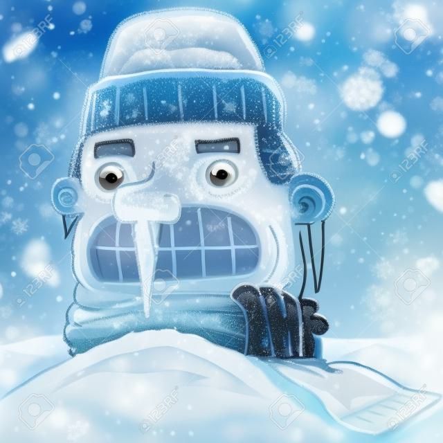 Un homme de dessin animé très froid, gelé dans la neige.