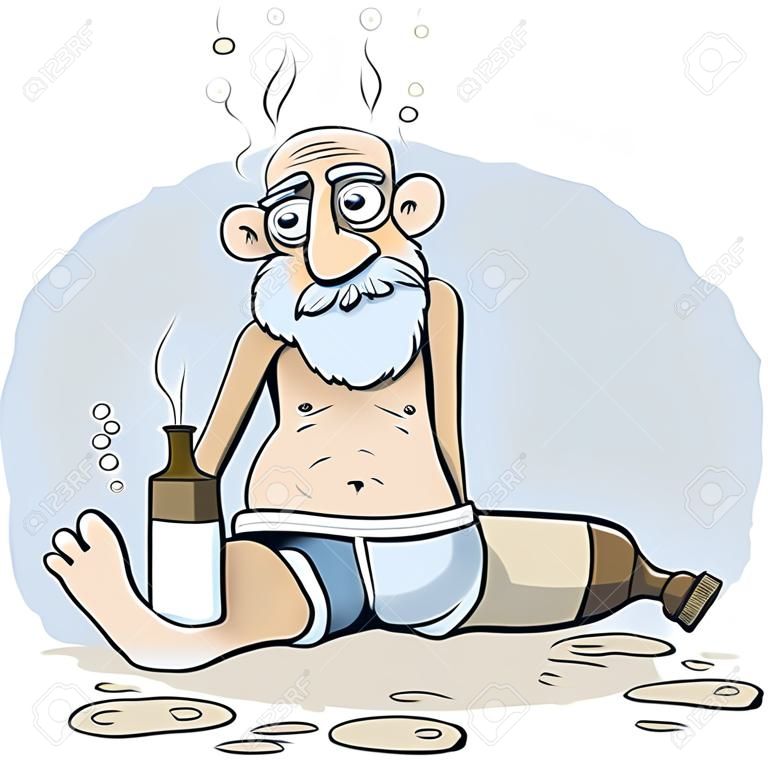 An old, drunk cartoon man sits in his underwear in a stupor.