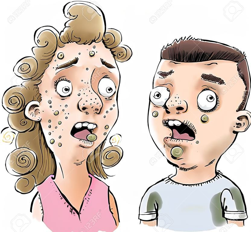 一個十幾歲的卡通女孩和男孩有嚴重的痤瘡。