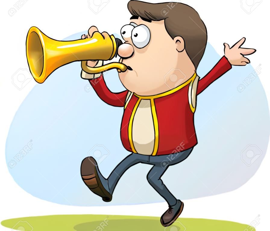 A cartoon man blowing a brass horn.