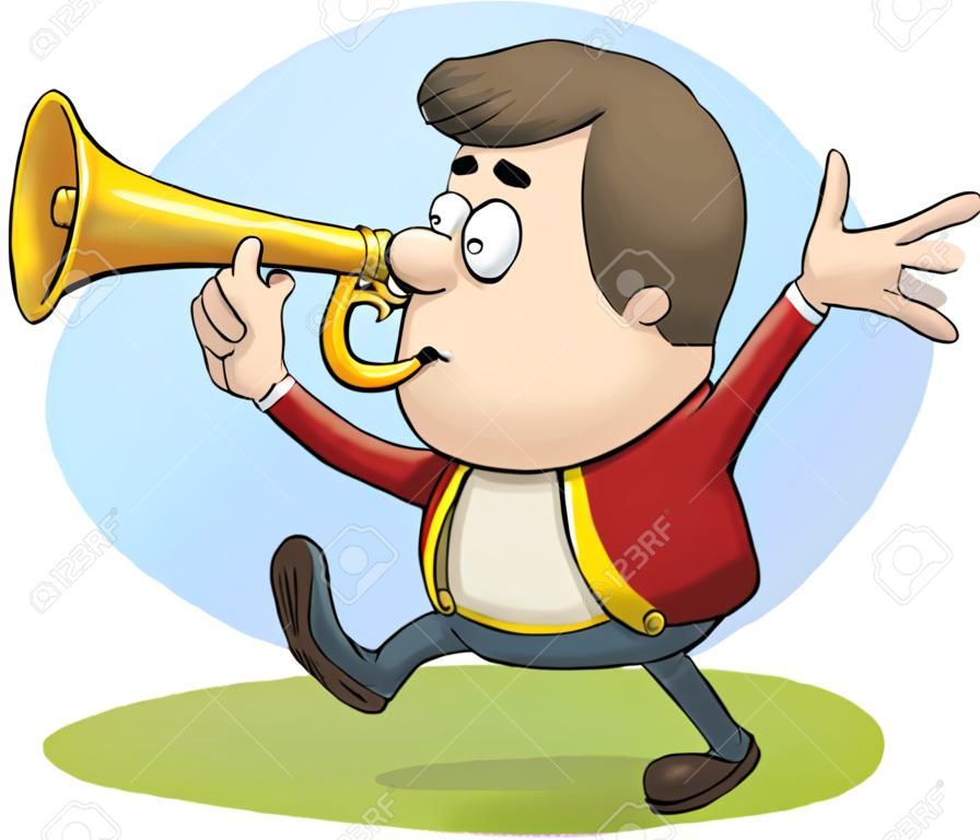 A cartoon man blowing a brass horn.