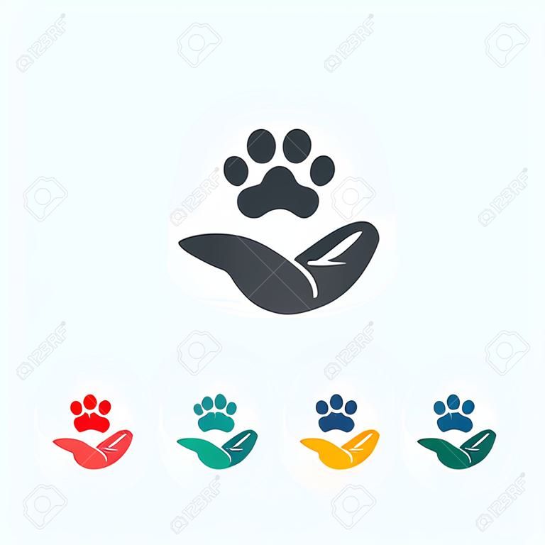 Укрытие домашних животных знак значок. Рука держит символ лапу. Защита животных. Цветные плоские иконки на белом фоне.