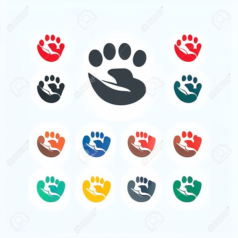 Shelter pets sign icon. Hand holds paw symbol. Animal protection. Colored flat icons on white background.