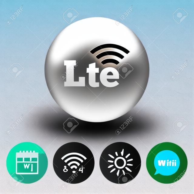 Wifi, Sms and calendar icons. 4G LTE sign icon. Long-Term evolution sign. Wireless communication technology symbol. Go to web globe.