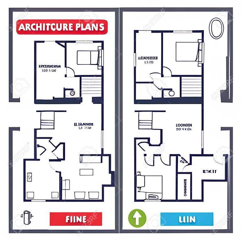 家具と建築の計画。家の平面図。非常口アイコン。消火器標識です。エレベーターやリフトの記号です。吹き抜けを通して火出口。キッチン、ラウンジ、バスルーム。ベクトル
