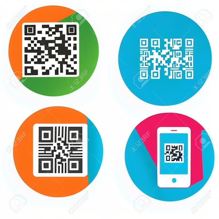 Bar and Qr code icons. Scan barcode in smartphone symbols. Round buttons on transparent background. Vector