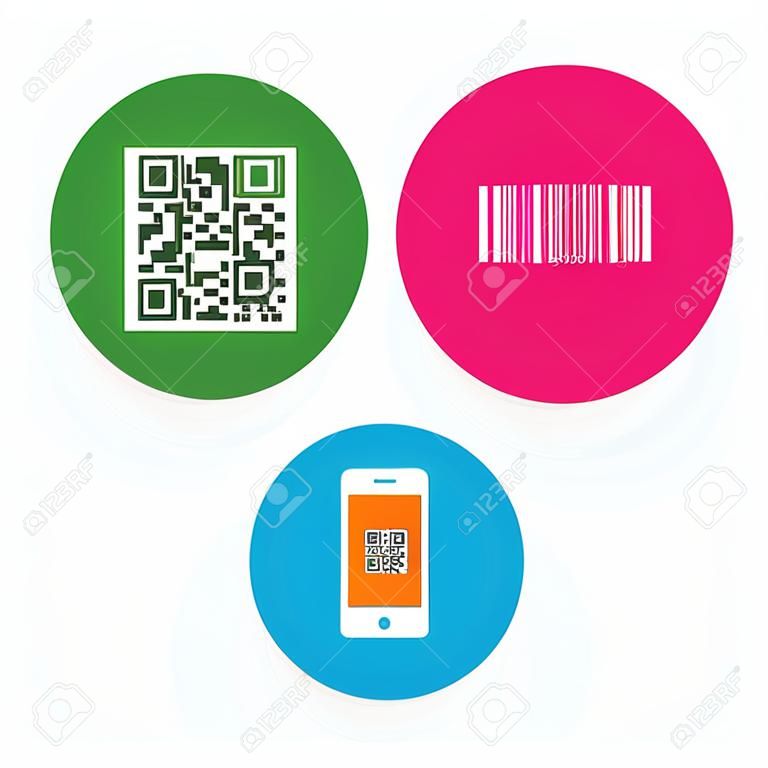 Bar and Qr code icons. Scan barcode in smartphone symbols. Round buttons on transparent background. Vector