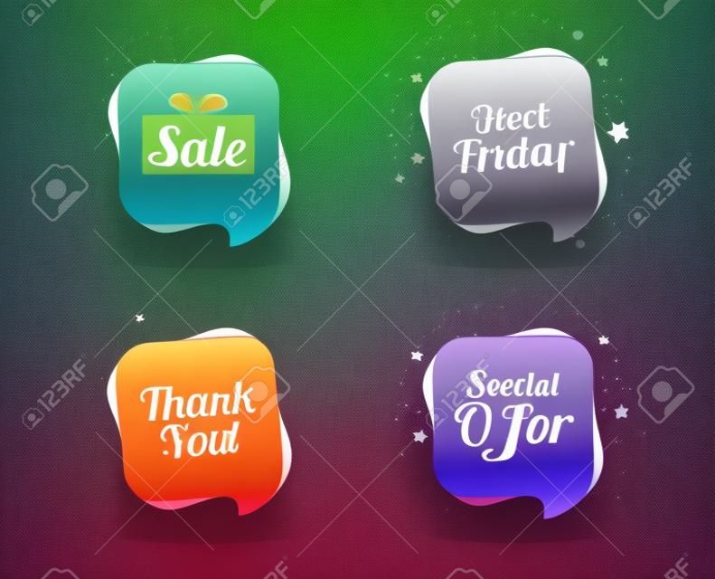 Sale icons. Special offer and thank you symbols. Gift box sign. Speech bubbles or chat symbols. Colored elements. Vector