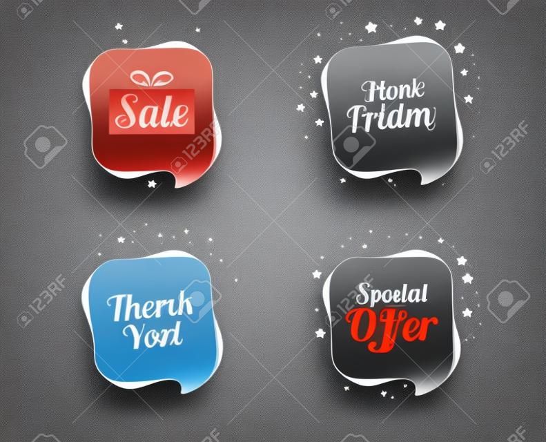 Sale icons. Special offer and thank you symbols. Gift box sign. Speech bubbles or chat symbols. Colored elements. Vector
