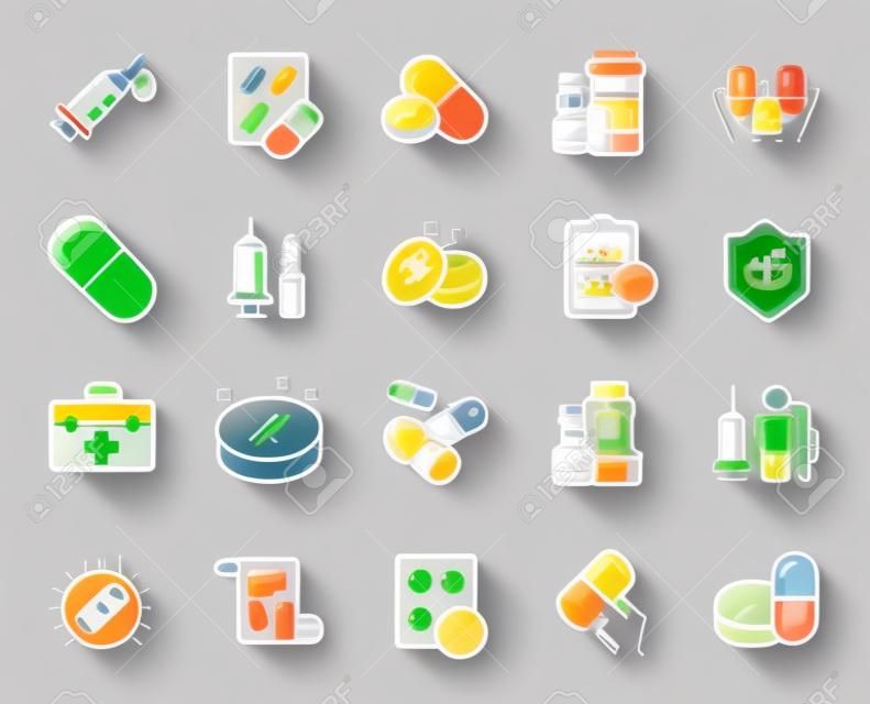 Symbole für medizinische Medikamente. Gesundheits-, Rezept- und Pille-Schilder. Apothekendrogen, medizinische Krankenschwester, Rezeptpillensymbole. Antibiotikakapsel, Spritzenimpfung, Medizinheilung. Vektor