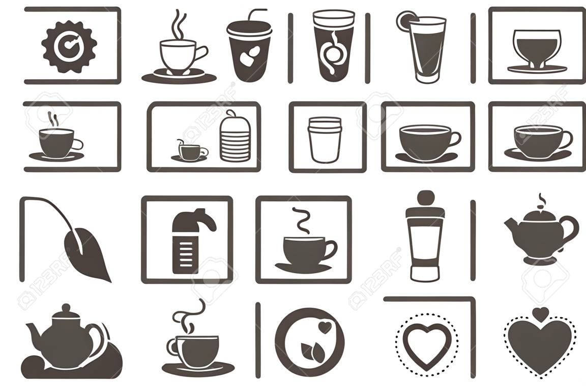 Coffee and Tea icons. Set of Cappuccino, Juice with ice and Latte signs. Teapot, Coffeepot and Hot drink with Steam icons. Mint leaf, Herbal beverage and Coffee vending symbols. Quality set. Vector