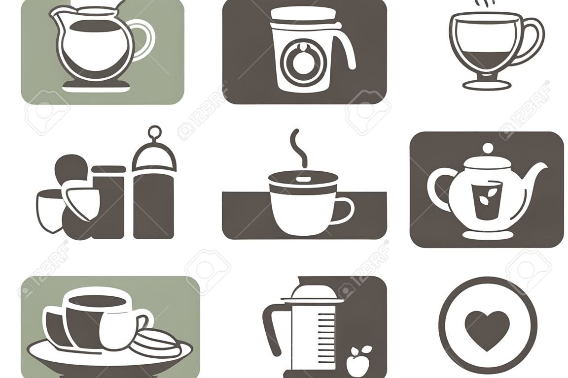 Coffee and Tea icons. Set of Cappuccino, Juice with ice and Latte signs. Teapot, Coffeepot and Hot drink with Steam icons. Mint leaf, Herbal beverage and Coffee vending symbols. Quality set. Vector
