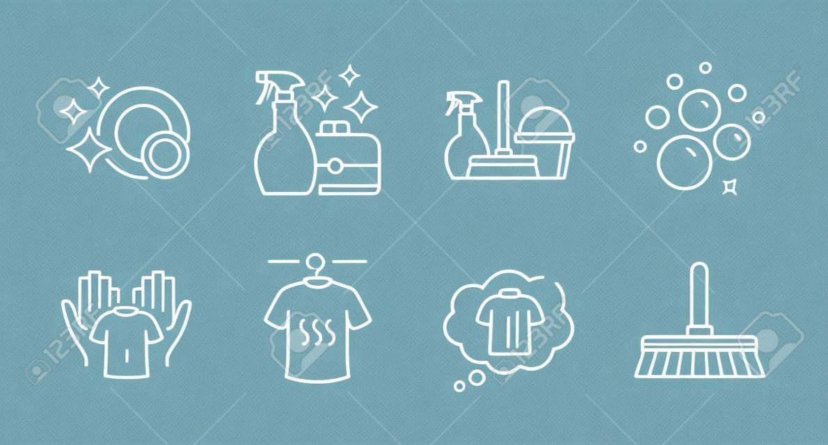 Tシャツ、家庭用サービス、ホールドTシャツのラインアイコンが設定されています。クレンザースプレー、きれいな泡ときれいな皿の兆候。クリーニングモップのシンボル。ランドリーシャツ、クリーニング機器。クリーニングセット。ベクター