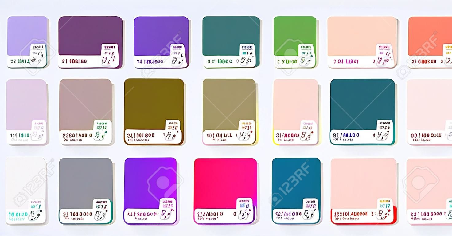 Échantillons de la palette de couleurs Pantone. Combinaison de différentes palettes de couleurs en RVB HEX. Tableau des échantillons de couleurs. Étiquettes avec des exemples de couleurs bleu, violet et rose. Vecteur