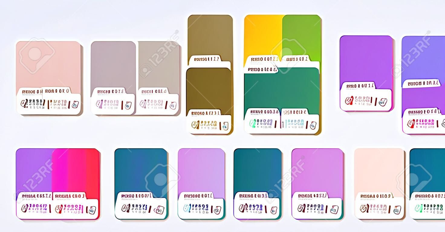 Pantone color palette samples. Combination of different colors palettes in RGB HEX. Chart of colour swatches. Labels with blue, purple and pink colors examples. Vector