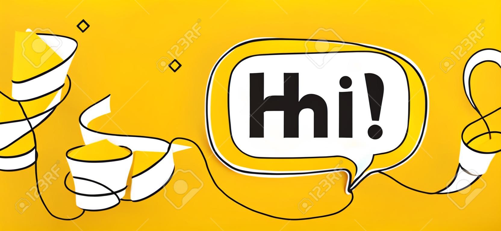 Hi welcome tag. Continuous line chat banner. Hello invitation offer. Formal greetings message. Hi speech bubble message. Wrapped 3d cursor icon. Vector